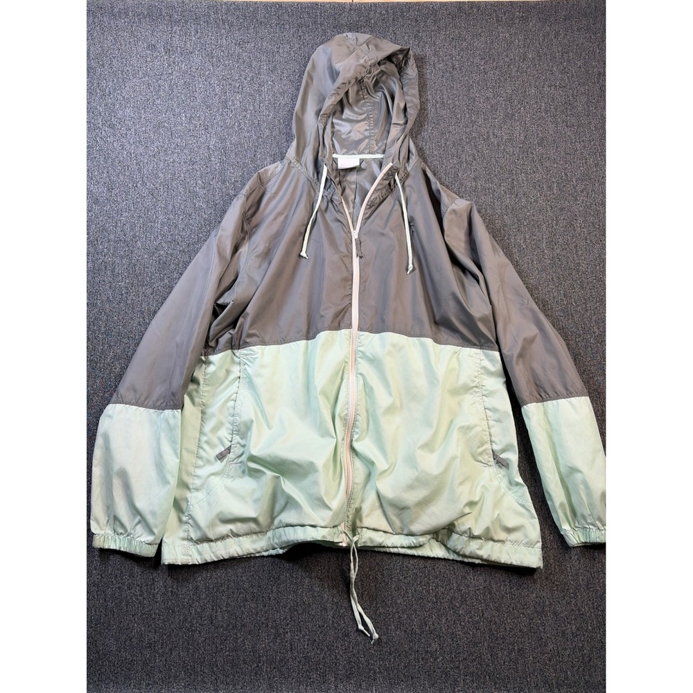 Columbia Womens Windbreaker Jacket 1X Gray Mint Green Color Block Hooded Zip